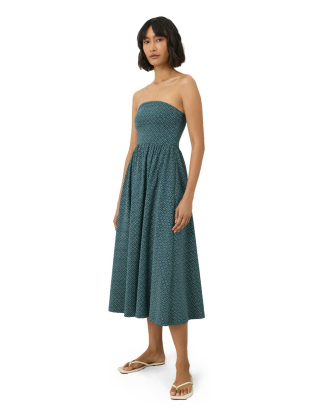Pact Strapless Midi Dress Fit and Flare Teal White Floral Tube Top Pockets